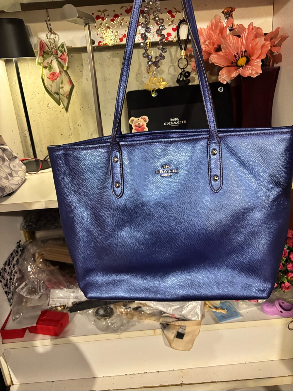Coach Metallic Navy Blue Leather Tote Bag with Shoulder Straps